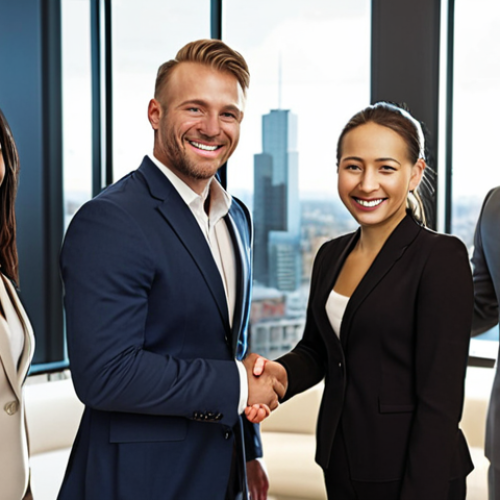 Home 6 **A diverse group of international businesspeople smiling and shaking hands in a modern office. Warm, welcoming lighting. Focus on building trust and strong relationships. Soft, blurred background featuring city skyline.**