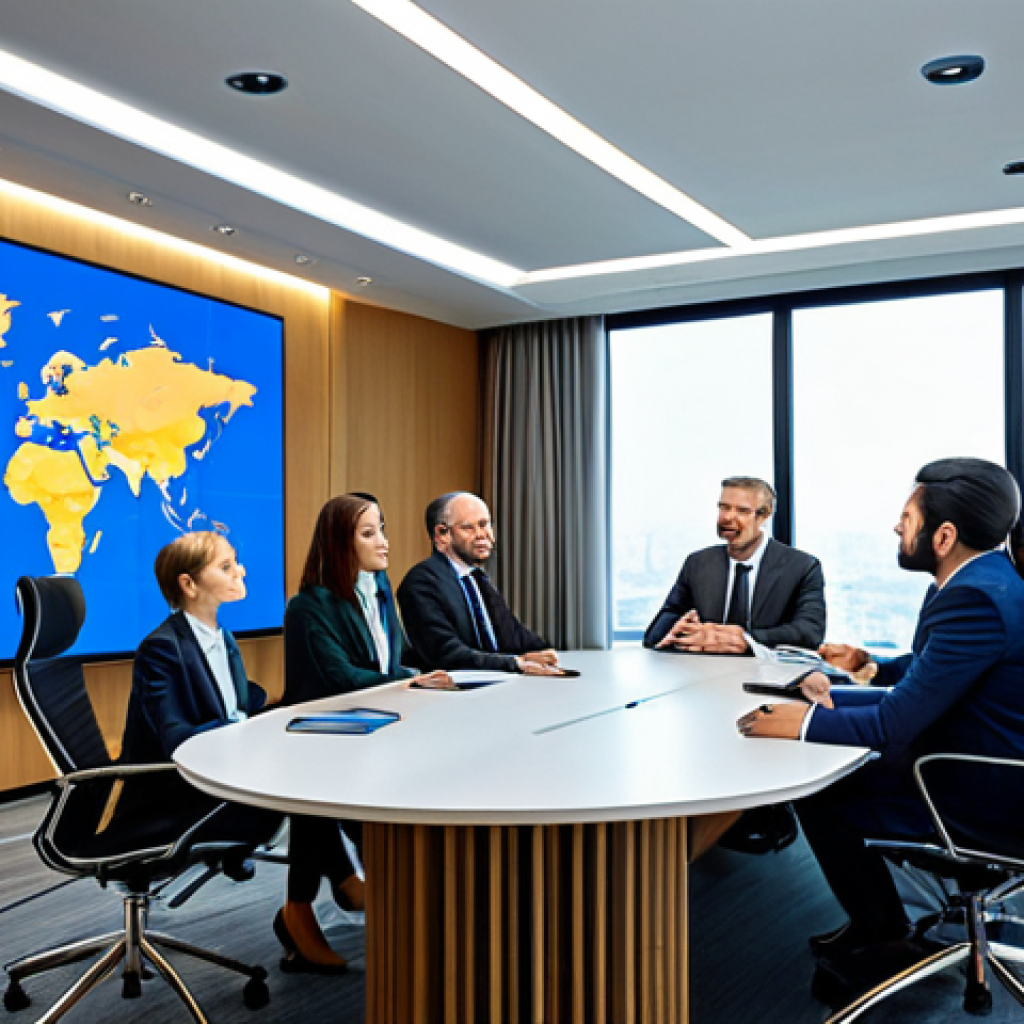 A diverse group of global professionals, fully clothed in modest business suits, gathered around a modern conference table in a bright, futuristic meeting room. A large digital screen displays a world map with connecting lines, symbolizing international communication and collaboration. The professionals are engaged in a respectful, focused discussion, their expressions convey understanding and synergy. Appropriate attire, safe for work, perfect anatomy, correct proportions, natural pose, well-formed hands, proper finger count, natural body proportions, professional photography, high quality, appropriate content, family-friendly.