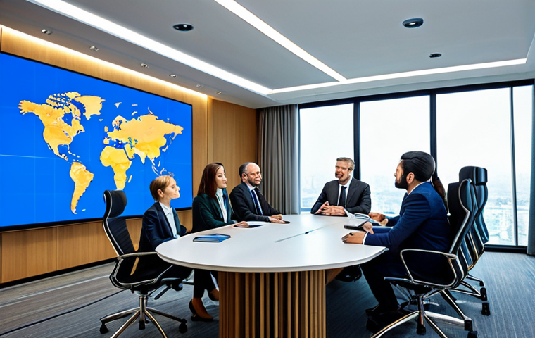 A diverse group of global professionals, fully clothed in modest business suits, gathered around a modern conference table in a bright, futuristic meeting room. A large digital screen displays a world map with connecting lines, symbolizing international communication and collaboration. The professionals are engaged in a respectful, focused discussion, their expressions convey understanding and synergy. Appropriate attire, safe for work, perfect anatomy, correct proportions, natural pose, well-formed hands, proper finger count, natural body proportions, professional photography, high quality, appropriate content, family-friendly.