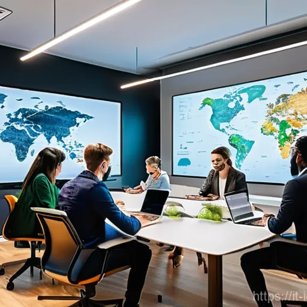 국제커뮤니케이션 관련 학위 - **Global Digital Collaboration Hub:**
    A vibrant, modern co-working space buzzing with activity. ...