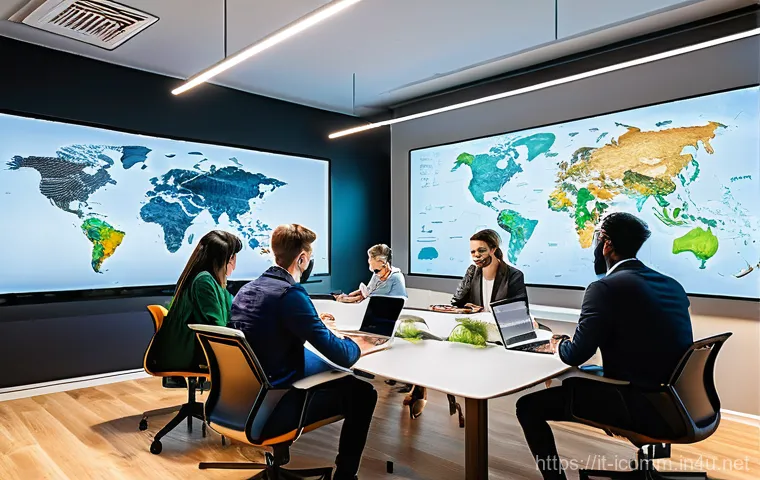 국제커뮤니케이션 관련 학위 - **Global Digital Collaboration Hub:**
A vibrant, modern co-working space buzzing with activity. ...