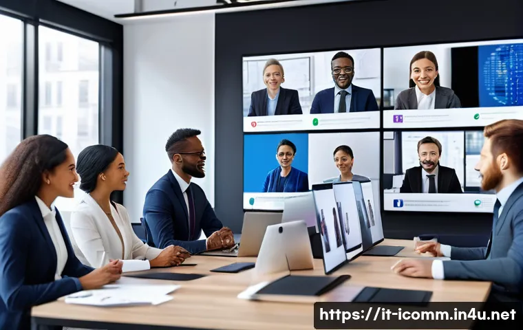 국제커뮤니케이션 직무 역량 - A diverse international business team engaged in a virtual meeting using Microsoft Teams on multiple...