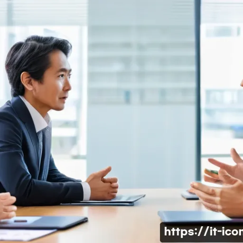 국제커뮤니케이션 이론 적용 사례 - A professional international business meeting scene showing diverse corporate executives from Japan,...