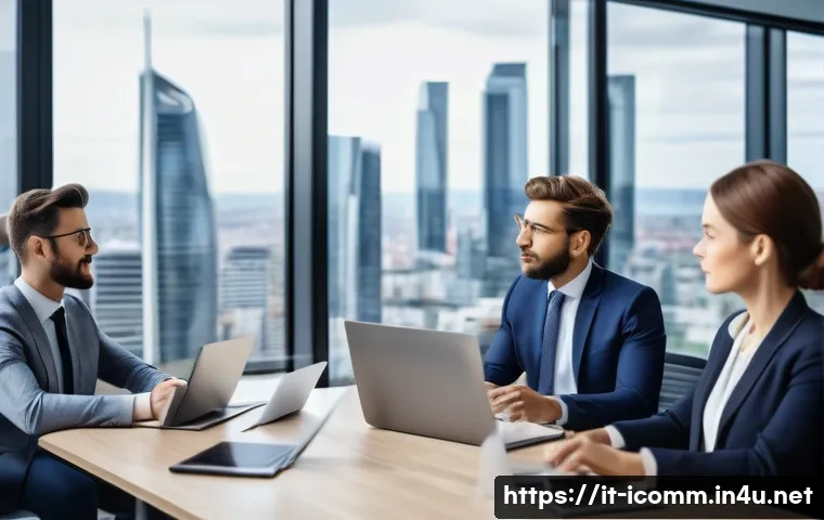 국제커뮤니케이션 전문가의 취업 가능성 - A modern international business meeting scene set in a sleek office with large windows overlooking a...