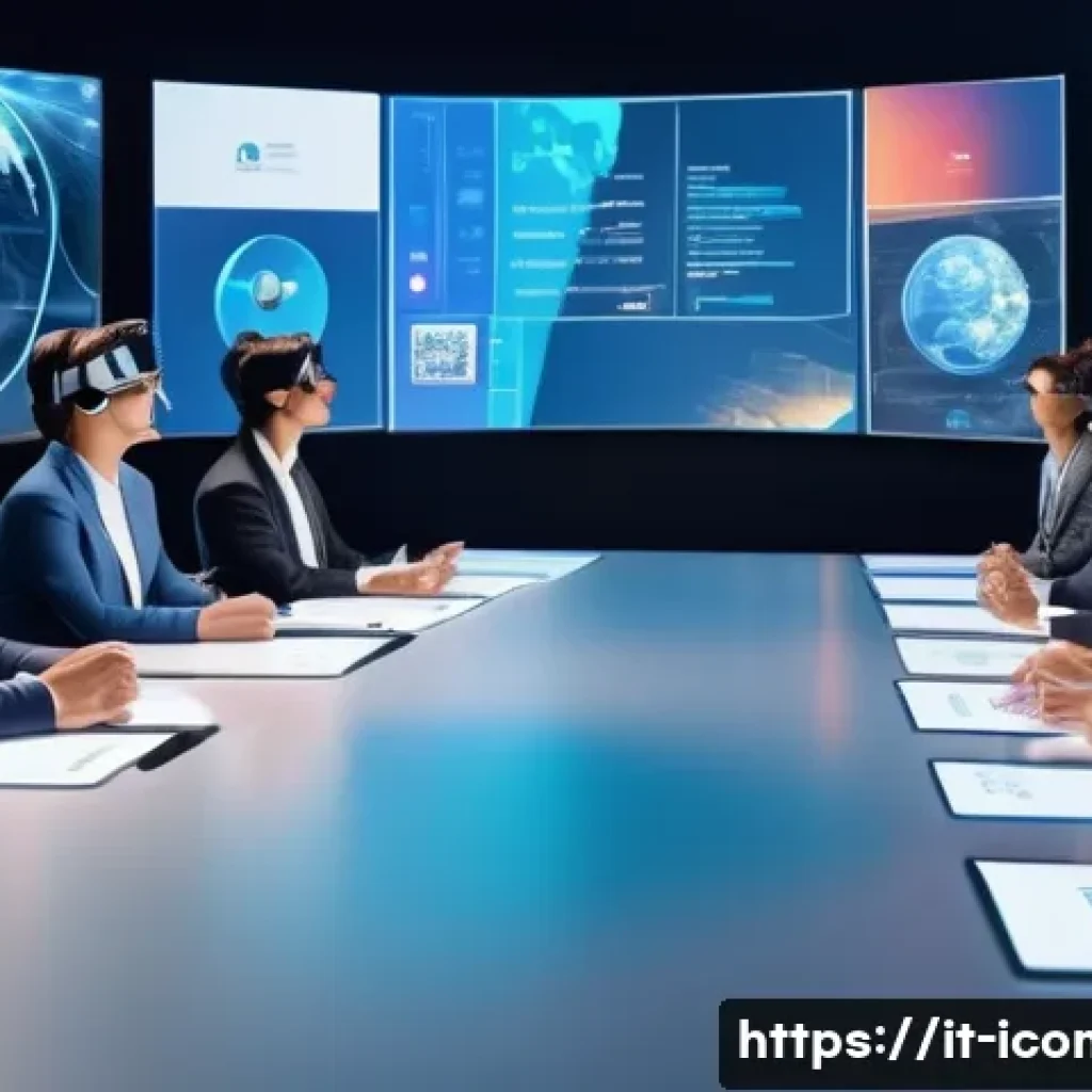 국제커뮤니케이션 관련 최신 기술 - A modern international business meeting scene set in a sleek, high-tech virtual reality environment....