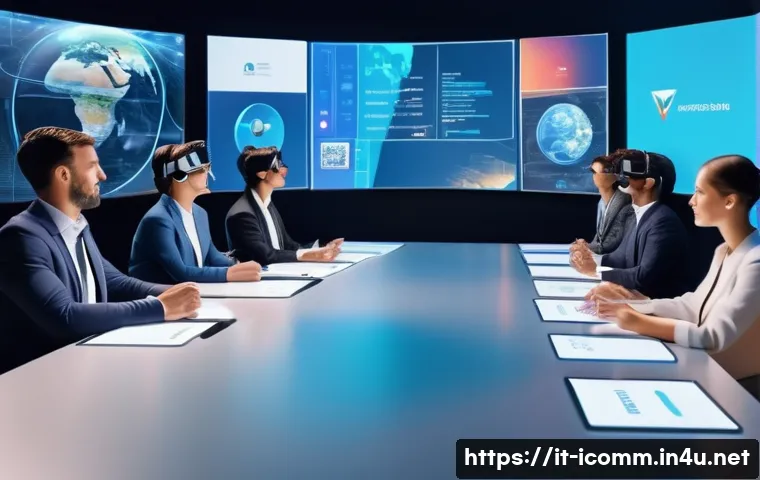국제커뮤니케이션 관련 최신 기술 - A modern international business meeting scene set in a sleek, high-tech virtual reality environment....