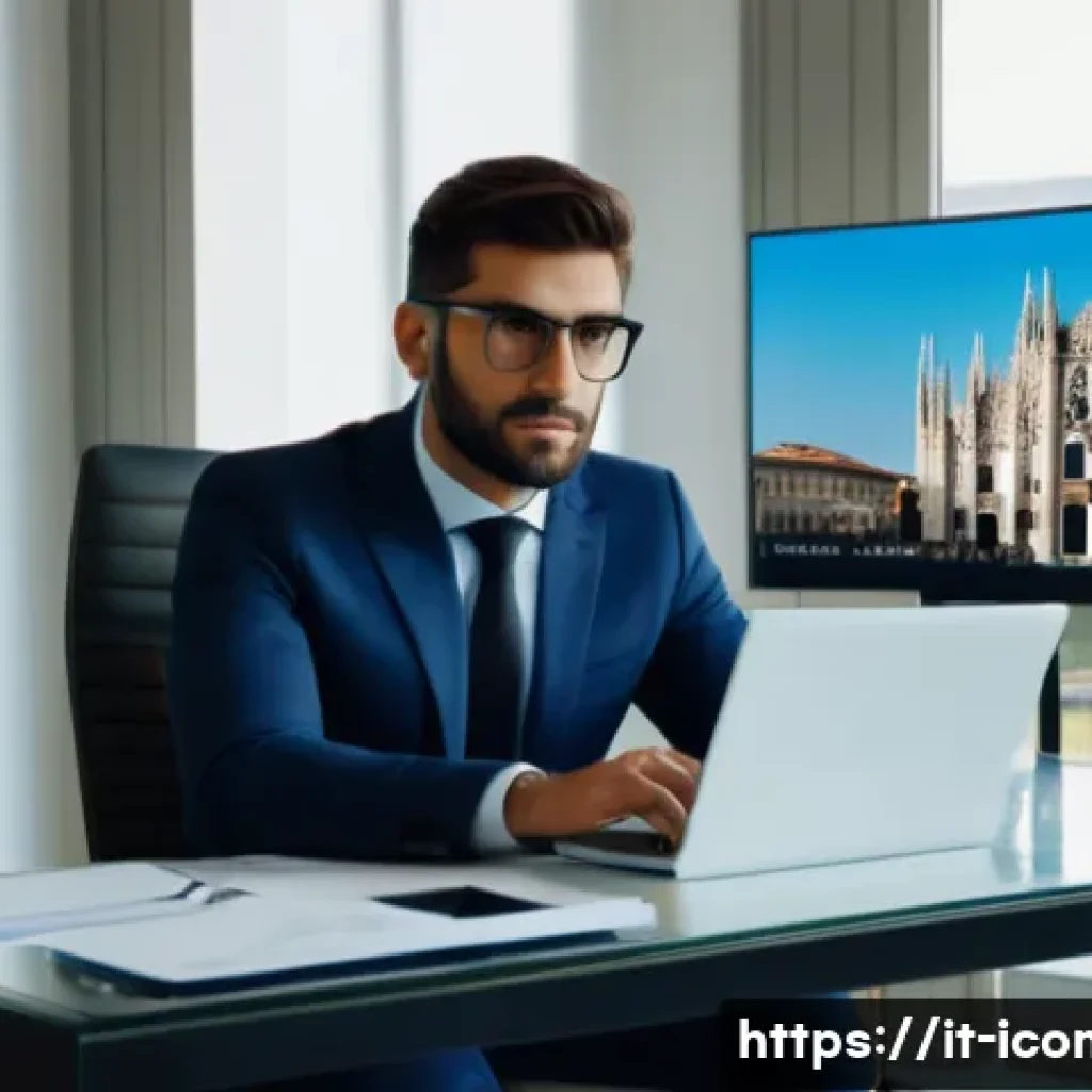 국제커뮤니케이션 취업 인터뷰 준비 - A modern international business interview scene set in a stylish Milan office, featuring a confident...