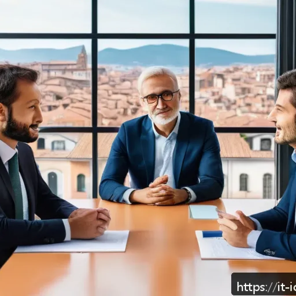 국제커뮤니케이션 업무 스킬 - A professional international business meeting scene set in a modern Italian office, featuring divers...