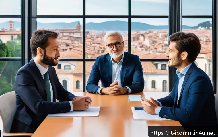 국제커뮤니케이션 업무 스킬 - A professional international business meeting scene set in a modern Italian office, featuring divers...