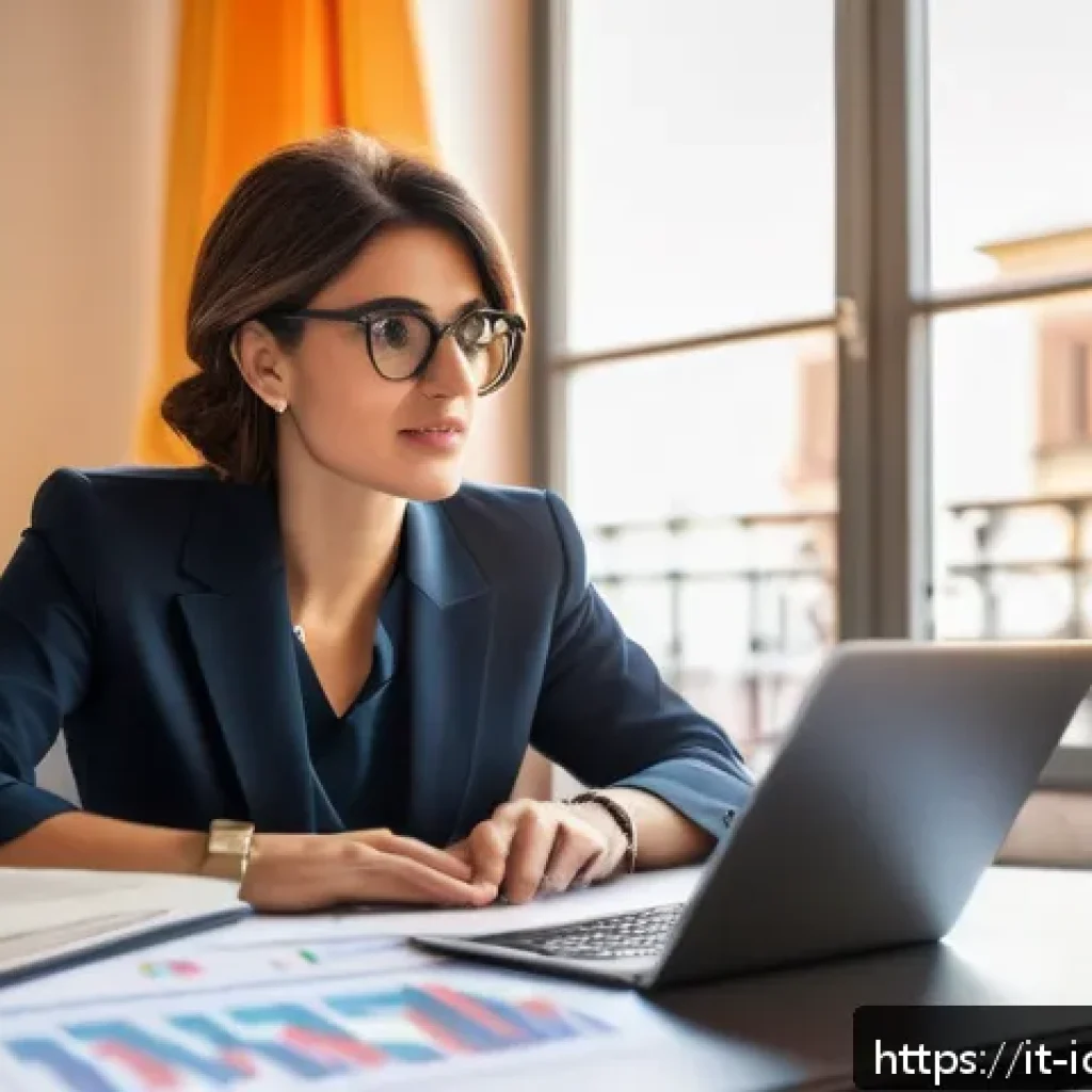 이직 후 성공적인 커리어 전환 - A modern Italian professional woman in business casual attire, sitting at a sleek desk with a laptop...