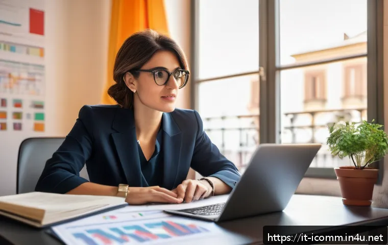 이직 후 성공적인 커리어 전환 - A modern Italian professional woman in business casual attire, sitting at a sleek desk with a laptop...