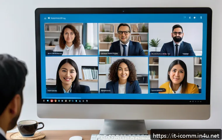국제커뮤니케이션 업무 스트레스 관리 - A diverse international business team engaged in a video conference call, showing professionals from...