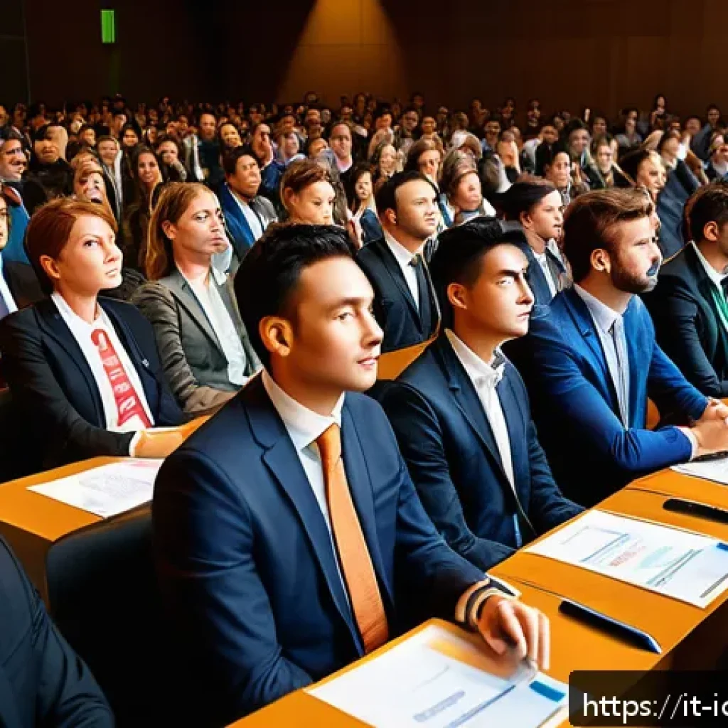 국제커뮤니케이션 경력 개발 전략 - A professional international business conference scene featuring diverse attendees from Europe and A...