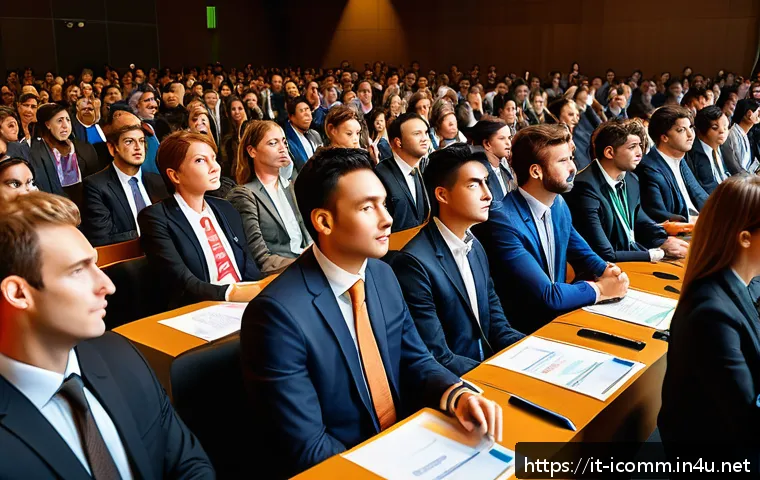 국제커뮤니케이션 경력 개발 전략 - A professional international business conference scene featuring diverse attendees from Europe and A...