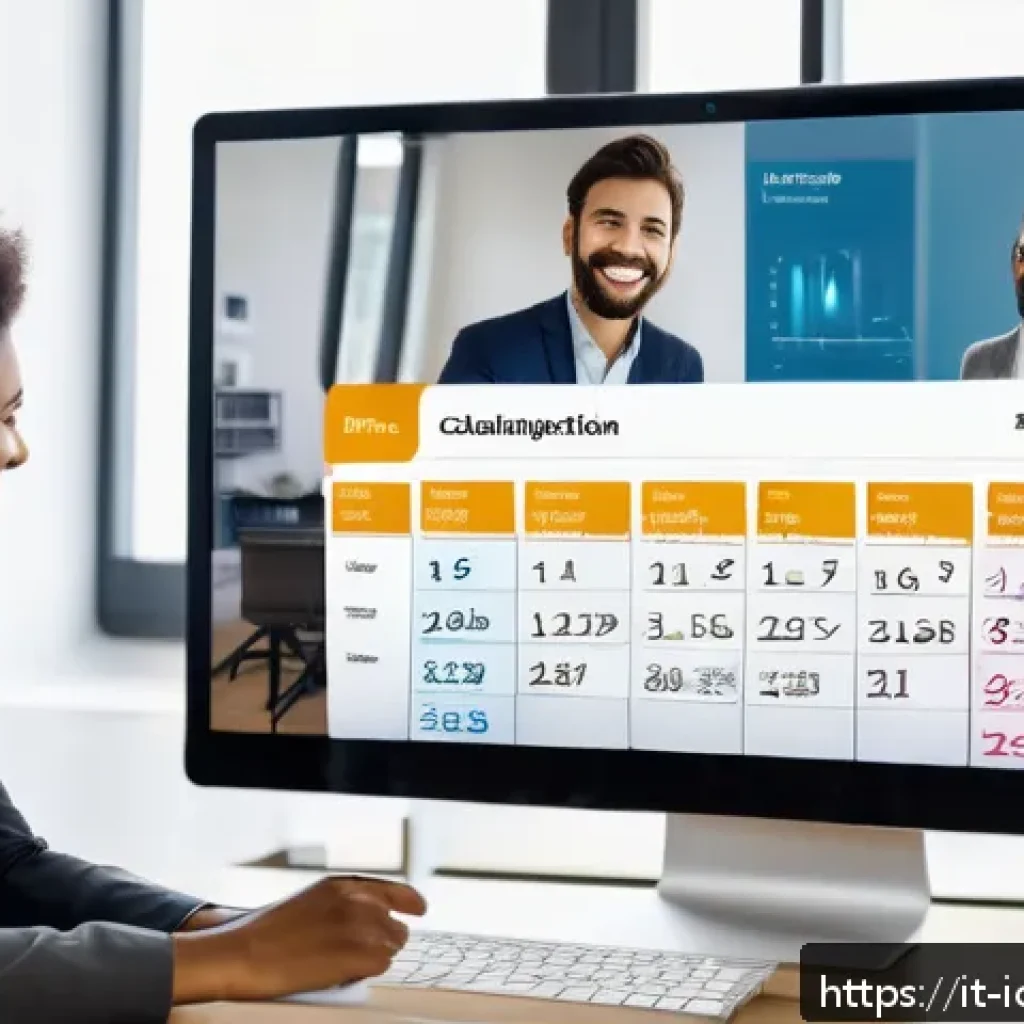 국제커뮤니케이션 협업 도구 사용법 - A diverse international team collaborating remotely via digital communication tools, with multiple p...