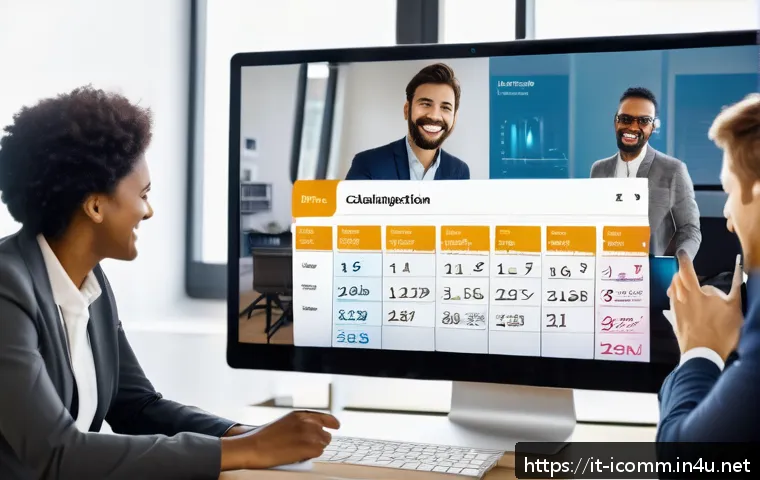 국제커뮤니케이션 협업 도구 사용법 - A diverse international team collaborating remotely via digital communication tools, with multiple p...