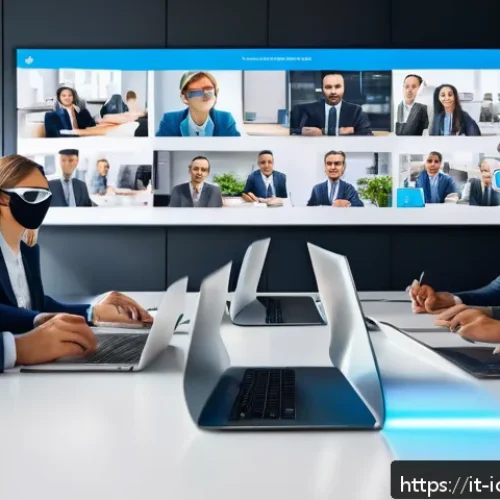Home 17 국제커뮤니케이션 기술 혁신 - A modern office setting with a diverse group of professionals using augmented reality glasses during...