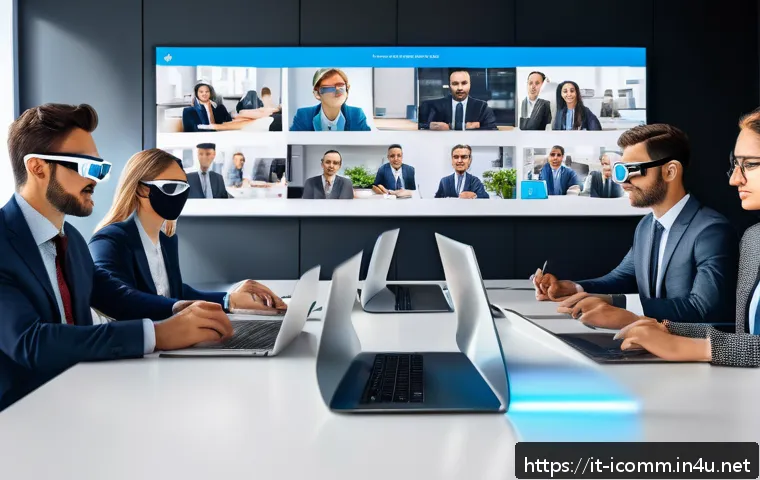 국제커뮤니케이션 기술 혁신 - A modern office setting with a diverse group of professionals using augmented reality glasses during...